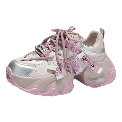 达芙妮百搭厚底圆头老爹鞋拼色