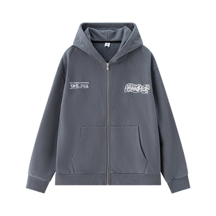 HOODRICH深灰色刺绣连帽开衫卫衣男潮流秋季百搭字母印花帽衫外套