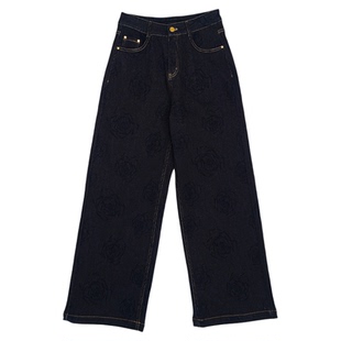 无色无味女士加绒牛仔裤新款复古玫瑰提花阔腿裤深蓝色系直筒裤子