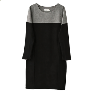 春秋加大码高端欧美简约长袖职业装弹力纯棉拼色时尚中长款连衣裙