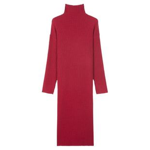 【清仓特价】复古浆果红色高领坑条针织裙女打底内搭毛衣裙连衣裙