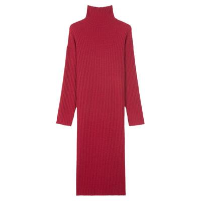 ROCO复古红色高领坑条针织毛衣裙