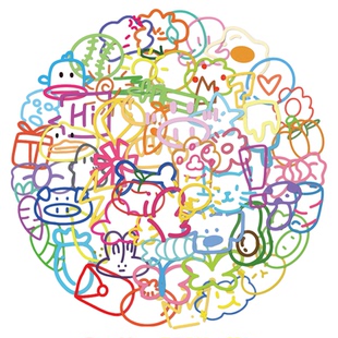 60张卡通彩色线条多巴胺小元素贴纸ins风可爱图案PET透明防水贴画