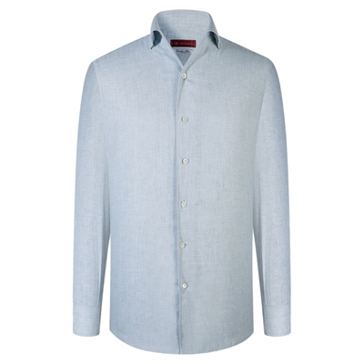 【卓雅系列】Albini进口面料浅蓝亚麻一片领高端商务长袖衬衫男