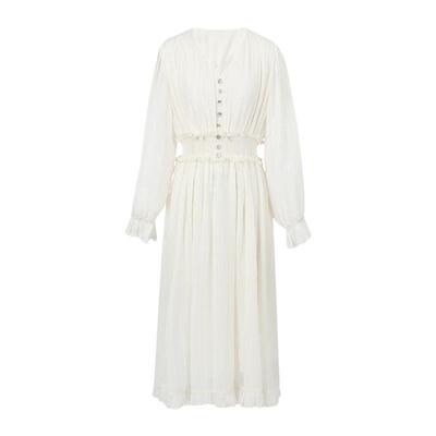 Basic House/百家好v领白色连衣裙收腰2026款长袖花边中长款裙子