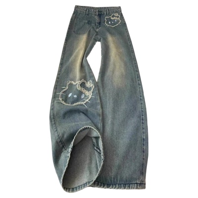 猫卡通刺绣阔腿牛仔裤女