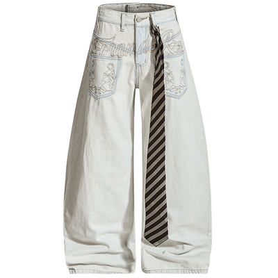 原创美式字母刺绣两面穿牛仔裤潮