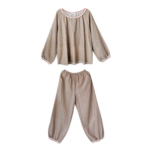 FishHome奶咖碎花纯棉纱布复古少女花边领灯笼长袖长裤睡衣2025新