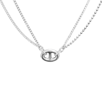 欧美风个性复古春夏新款通体925纯银choker双层几何猪鼻子项链女