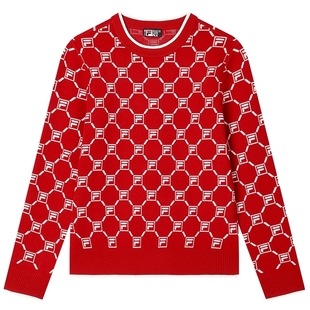 FILA斐乐官方女长袖编织衫套头毛衣新款时尚休闲基础简约满印上衣