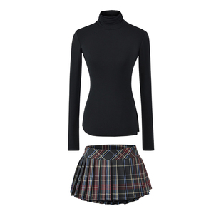 YoungGirlDay 纯欲风性感高领长袖T恤上衣高腰格纹百褶裙短裙套装