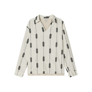 【亚麻】Unvesno(UN)老钱BC风亚麻混纺定制绣花双层V领衬衫秋季