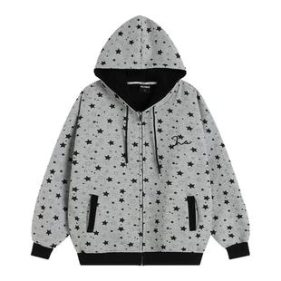 INSstudios 国潮美式复古「星星满印灰色连帽卫衣」加绒拉链外套
