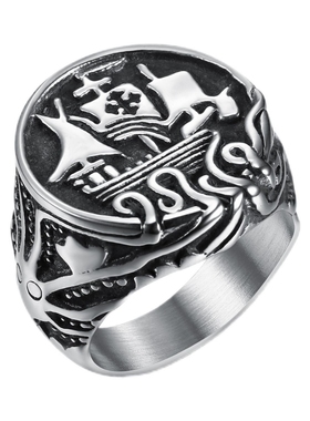 男钛钢维京海盗战船骷髅章鱼戒指