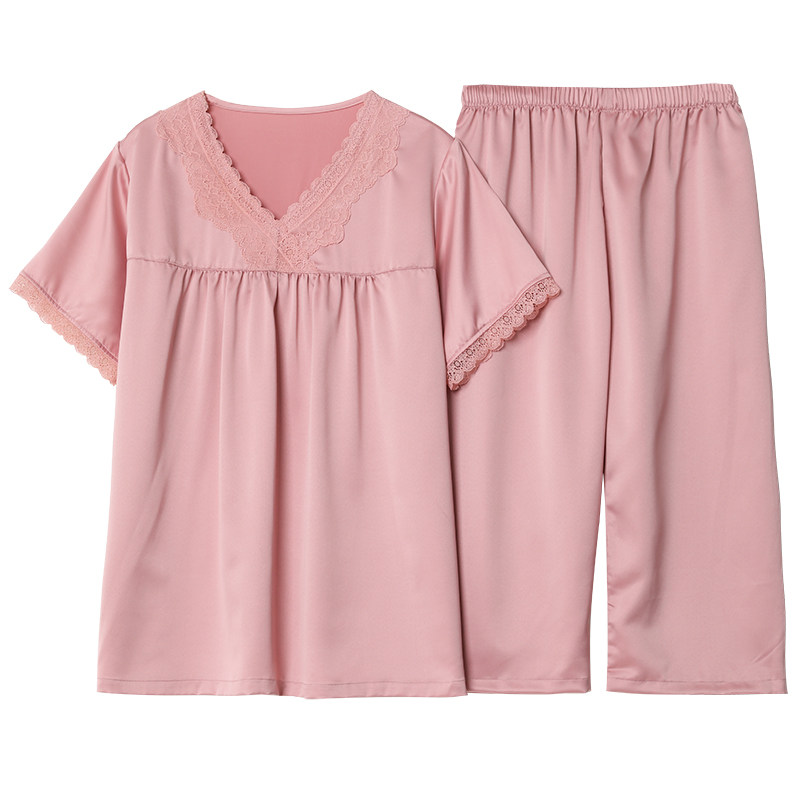 中老年睡衣女夏季冰丝薄款短袖妈妈丝绸家居服大码夏天仿真丝套装