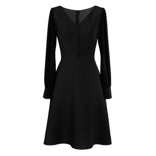 绝色法式v领长袖白色收腰a字连衣裙2025新款秋装高贵优雅气质伞裙