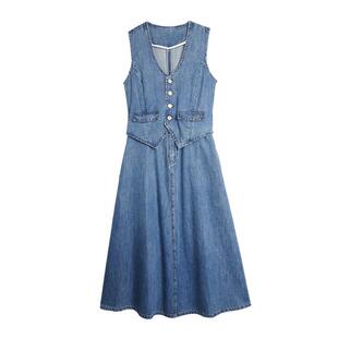 【自营】ELLE假两件v领牛仔连衣裙女2025夏季新款时髦马甲a字长裙