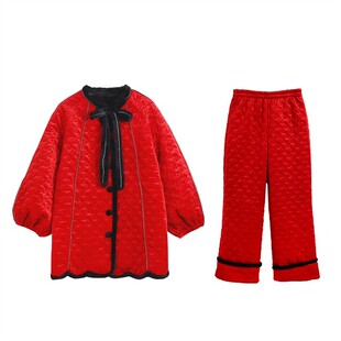 原创正红水钻三层夹棉加厚睡衣可外穿灯笼袖加棉两件套家居服套装