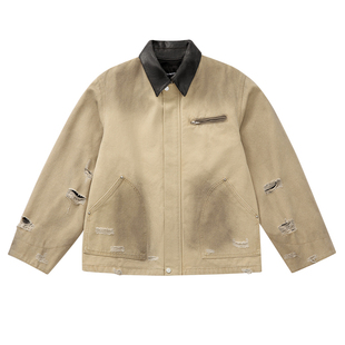 CLIMAX VISION复古撞色皮领褪色水洗破坏底特律牛仔工装夹克外套