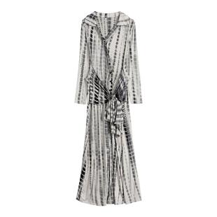 gagaopt设计感撞色绑带收腰长袖连衣裙女舒适宽松修身显瘦中长裙