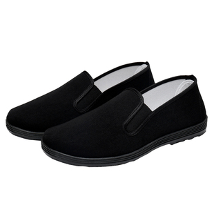 男款加绒老北京布鞋男士黑色一脚蹬黑底工作软底纯黑开车透气全黑