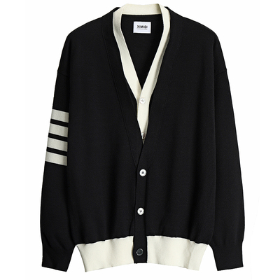 摩摹休闲V领拼接毛衣开衫