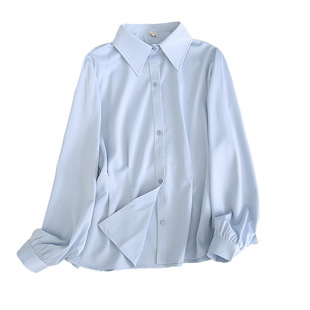 大码衬衫女200斤胖mm春秋收腰职业休闲正装白色衬衣长袖蓝色上衣