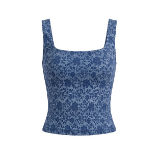 PynkiSwear 蓝色/红色大方领宽肩带碎花背心女弹力修身短吊带上衣