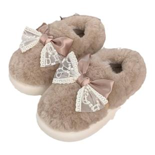 细细条 蕾丝蝴蝶结全包跟月子鞋女防滑居家冬季仙女风保暖棉拖鞋