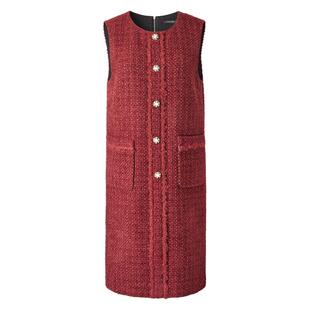 颜域红色小香风背心裙女装2025新款冬装中长款裙子宽松圆领连衣裙