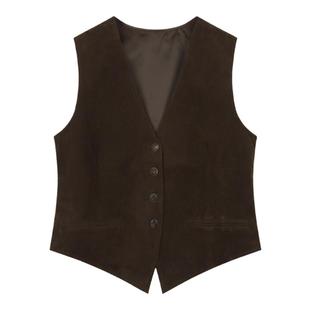 弥古复古v领鹿皮绒马甲外套女秋冬叠穿宽松美拉德咖色马夹背心