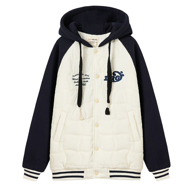 休闲风宽松连帽撞色拼接棉服
