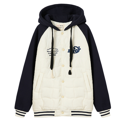 休闲风宽松连帽撞色拼接棉服