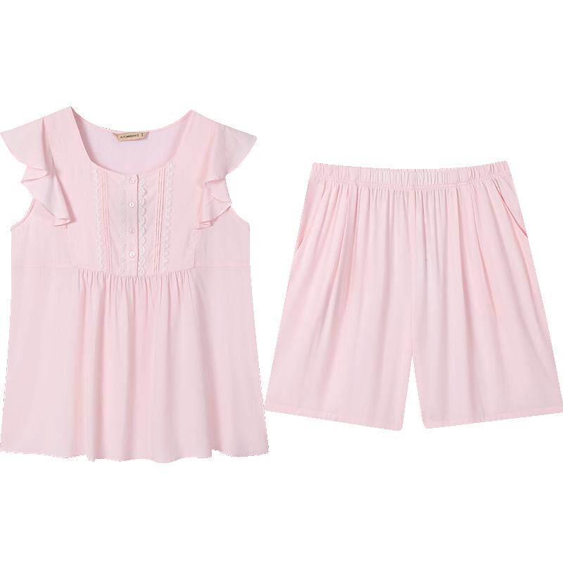 秋鹿梭织人造棉睡衣女款夏季纯色简约无袖上衣五分裤家居服女夏款