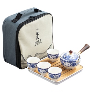 便携旅行茶具套装懒人泡茶家用办公逍遥自动旋转侧把陶瓷茶壶茶杯