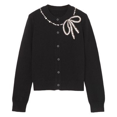 重工钉钻蝴蝶结圆领短款针织开衫