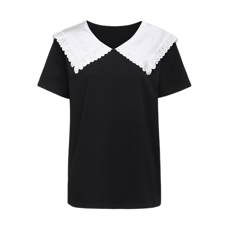 欧时力短袖t恤女2022新款夏装花边披肩领棉质宽松设计感