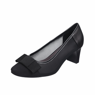 2025新款春夏季女鞋透气网纱高跟鞋粗跟浅口工作凉单鞋中跟真皮鞋