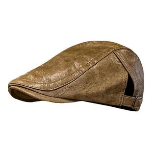 韩版新款简约纯色pu皮前进帽子女春秋季时尚百搭显脸小气质画家帽