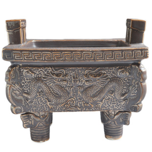 浮雕龙长方形鼎香炉陶瓷四足方鼎炉供佛供奉祖先祠堂坟前户外墓前