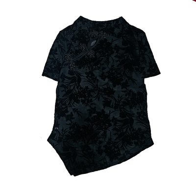 黑色蕾丝盘扣镂空T恤打底衫女