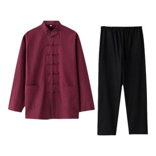 棉麻唐装男式青年中国风套装复古茶服居士汉服亚麻老年爷爷爸爸装