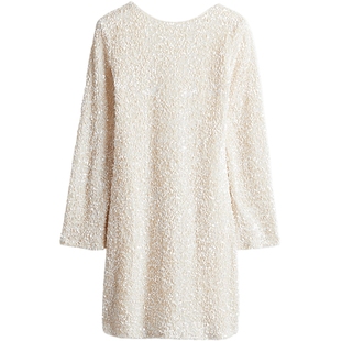 HM女装连衣裙春季长袖亮片低露背一字领H版型短裙1245452