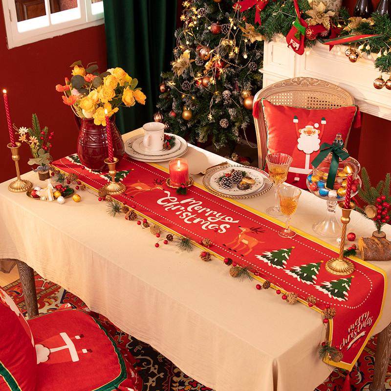 红色圣诞桌旗棉麻防水桌布卡通可爱布艺餐布圣诞节装饰盖布茶几布