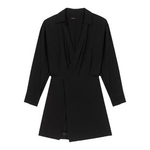 Maje Outlets秋冬女装法式时尚黑色拼接高腰V领衬衫直筒连体裙裤