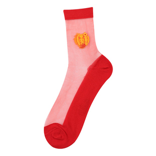 红色袜子女款本命年2025蛇年纯棉底水晶丝耐磨防勾丝春秋款玻璃丝