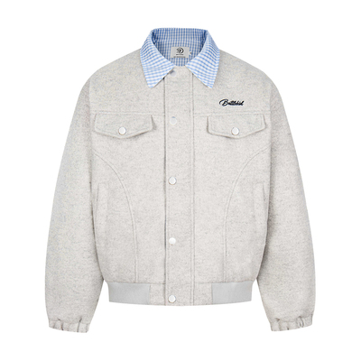 美式复古格子翻领撞色夹克外套