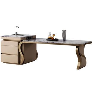 Mobeier 轻奢大理石岛台餐桌一体家用带水槽开放式厨房导台桌