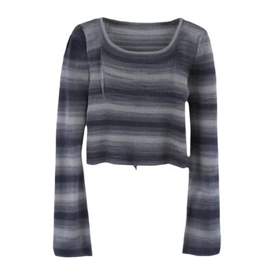 大码撞色条纹方领针织衫打底毛衣