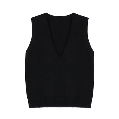 Maven Lin 新意层次 黑色羊毛V领针织马甲女宽松叠穿无袖背心上衣